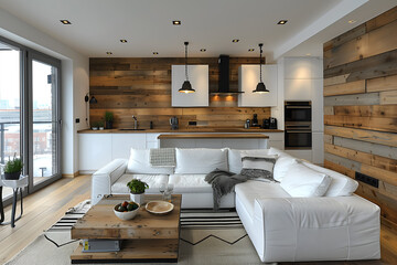 Stylish contemporary design of modern apartment in Scandinavian style white and wood colors 