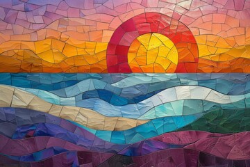 Abstract sun setting over a clay-style ocean, colorful geometric patterns illuminating the scene