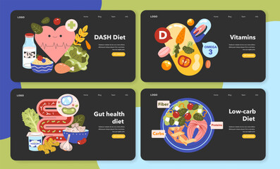 Nutritional Focus Collection set. Colorful depictions of DASH, gut health, and low-carb diets alongside essential vitamins and nutrients. Informative vector illustration series - 774543866