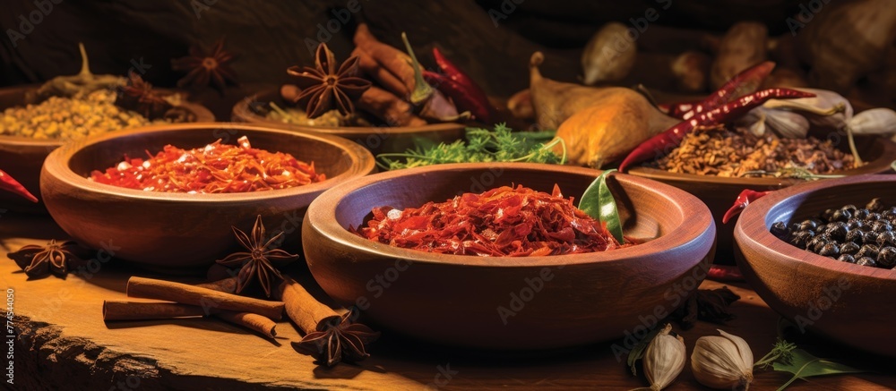 Poster assorted bowls filled with a variety of aromatic spices and herbs displayed neatly on a rustic woode