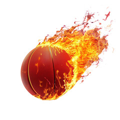  a basketball ball engulfed in flames, isolated on a transparent background, intense energy and power, dynamic motion, for use in sports-related promotions, event posters, or dynamic visual content