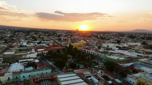 Aerial view around the Parroquia de San Luis Obispo, sunset in Huamantla, Mexico
