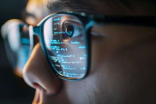 close up of a eyeglasses of programer or hacker to analysis data and coding Ai photo