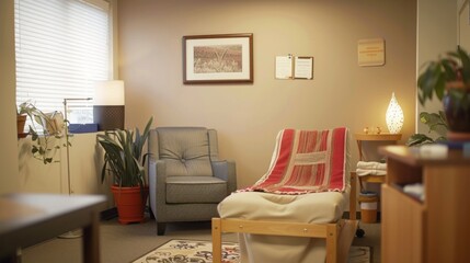 A cozy therapy office with a comfortable chair, warm lighting, welcoming decor, and a soothing ambiance for counseling sessions.
