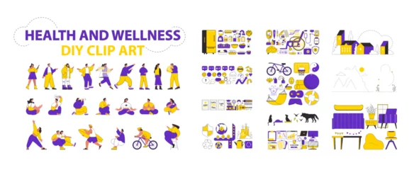 Abwaschbare Fototapete Graffiti-Collage Health and wellness DIY Clipart set. Vector illustration.