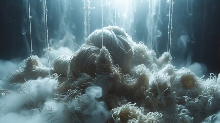 In a moment frozen in time, the knitting needles hover delicately above a bed of plush yarn, their intricate dance captured in high definition.  - obrazy, fototapety, plakaty