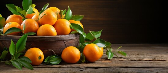 A wooden bowl, filled with fresh oranges, is displayed on a table in a close-up shot