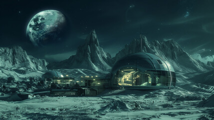 Human base with light at night to accommodate astronauts on the surface of the moon with rocky formations, for scientific study. In the background, the  planet Earth in the cosmos.