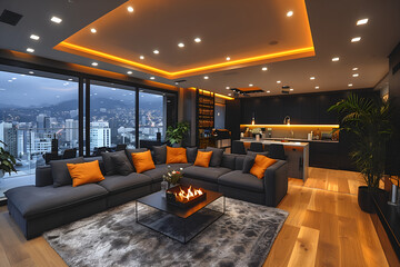 Stylish contemporary design of modern apartment in dark black colors 
