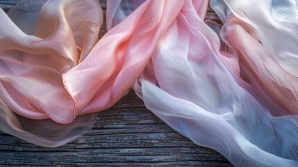 Soft, flowing fabrics in shades of pink and white gracefully draped over a textured wooden surface, suggesting delicate elegance. - obrazy, fototapety, plakaty