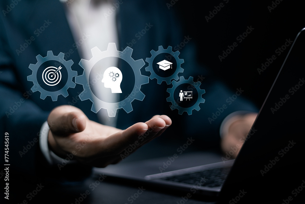 Poster training webinar e-learning concept. educational technology and personal development. businessman us