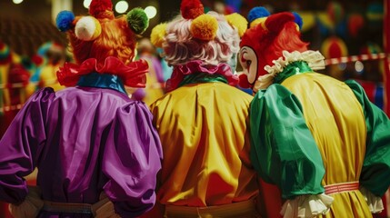 Three clowns backs turned to the camera huddle together in anticipation at the edge of the ring brightly colored outfits and . .
