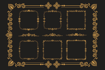 Set Of Golden Vintage ornament with border, frame, crown, mandala and luxury elements, suitable for vintage design or wedding invitation card
