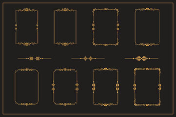 Set Of Golden Vintage ornament with border, frame, crown, mandala and luxury elements, suitable for vintage design or wedding invitation card