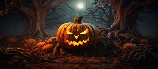 A freshly carved pumpkin with a spooky face rests in the center of a dense forest, exuding an eerie ambiance - Powered by Adobe