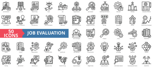 Job evaluation icon collection set. Containing systematic, determining, value, organization, analysis, gathering information, basic icon. Simple line vector.