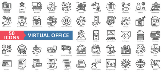 Virtual office icon collection set. Containing flexible, space, combination, services, technology, leasing, used icon. Simple line vector. - obrazy, fototapety, plakaty