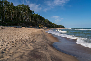 View of the Baltic Sea coast near the village of Lesnoy on the Curonian Spit on a sunny summer day, Kaliningrad region, Russia