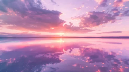 Fototapeten A soft pastelcolored sunset over a calm glassy lake. The sky is a blend of pinks purples and oranges and the water mirrors the beautiful . . © Justlight