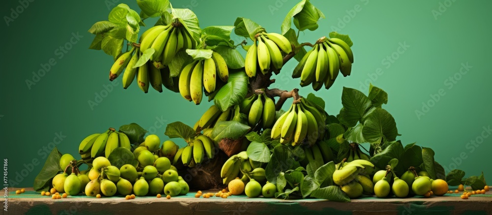 Poster numerous bananas and oranges arranged on a table with a vibrant green background, creating a colorfu