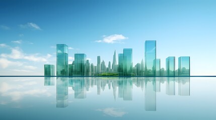 Abstract Design Background, a blue sky and green landscape, featuring three glass skyscrapers on the horizon. reflections in water. technology, innovation. For Design, Background, Cover, Poster, PPT