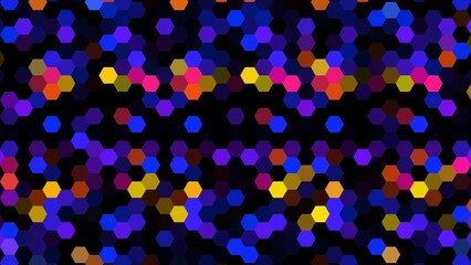 Multicolored hexagons in an irregular arrangement on a black background