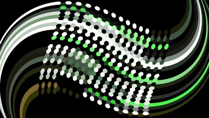 Black abstract background with harmonious wavy lines. Cavities and hexagonal dots