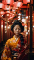 Japanese woman with long black hair and traditional hair pins, in an orange and red kimono with embroidered flowers, red lanterns hanging over her head