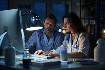 Doctor and nurse working in front of computer until night