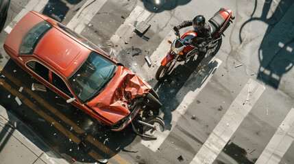 car accident, between a damaged and dented car, and a motorcycle with a driver with helmet on a zebra crossing. Aerial view for prevention of an impact on the road - obrazy, fototapety, plakaty