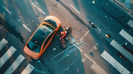Overhead view of traffic accident involving a car and a damaged motorcycle at an intersection, with scattered debris. Dramatic situation for recklessness when complying with traffic regulations