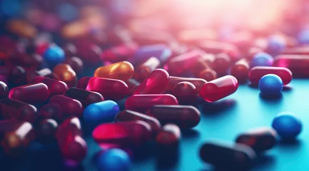Fotobehang Healthcare and medical, pharmacy and medicine, antidepressant and vitamin concept. Group of 3d pills and medicine capsules flying. Close-up of painkillers in motion dynamics © ribelco
