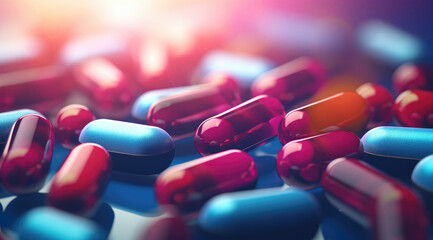 Healthcare and medical, pharmacy and medicine, antidepressant and vitamin concept. Group of 3d pills and medicine capsules flying. Close-up of painkillers in motion dynamics - obrazy, fototapety, plakaty