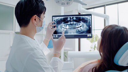 男性の歯科医師が患者に歯のレントゲンを使用するリアルなシーン.