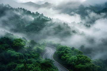 Foggy Winding highway through green forest landscape