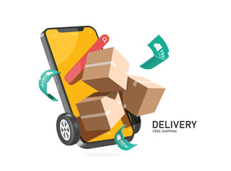 delivery, online shopping concept ,parcel or cardboard box, free shipping label floating  on smartphone screen and wheels on bottom look like delivery truck, vector 3d illustration isolated