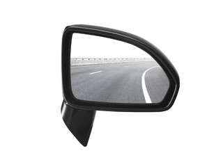 A rear view mirror with a picture of the road in it