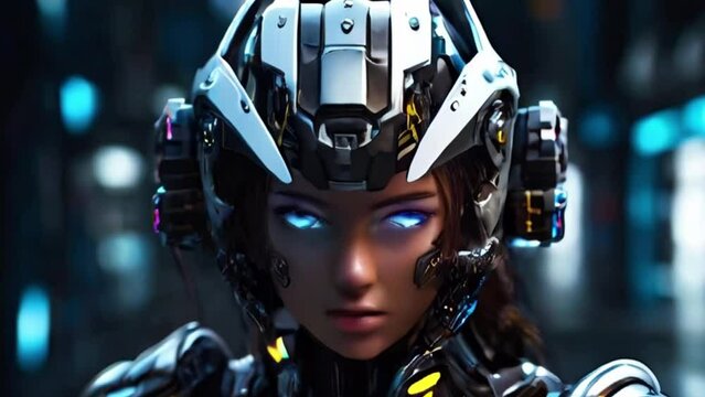 girl with blue glowing eyes in an elegant white and black cyborg armor with mechanic parts and futuristic helmet,