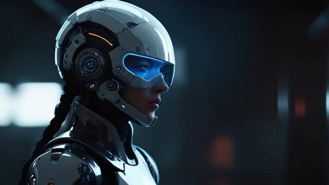 girl with blue glowing eyes in an elegant white and black cyborg armor with mechanic parts and futuristic helmet,