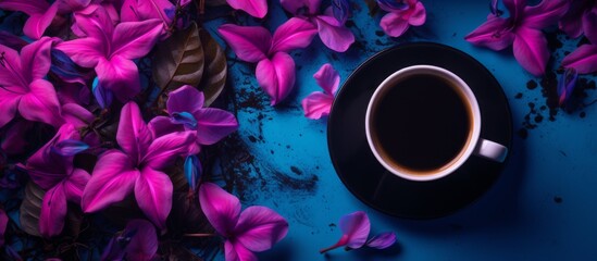 A single cup filled with coffee sits elegantly on a vibrant blue table surrounded by pretty purple flowers - Powered by Adobe