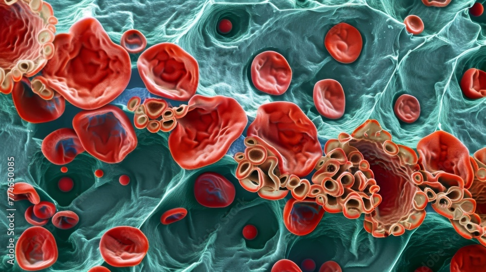 Poster a crosssection of a vessel with red cells lining the edges and streaming through the center. the cel