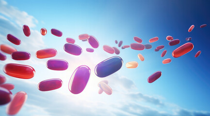 Healthcare and medical, pharmacy and medicine, antidepressant and vitamin concept. Group of 3d pills and medicine capsules flying in the sunny cloud sky. Close-up of painkillers in motion dynamics	 - obrazy, fototapety, plakaty