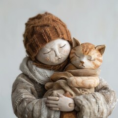 Handmade Doll Embracing a Wooden Cat Figurine - obrazy, fototapety, plakaty