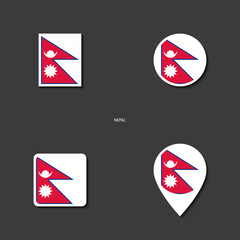Nepal flag icon set in different shape (rectangle, circle, square and marker icon) isolated on dark grey background.