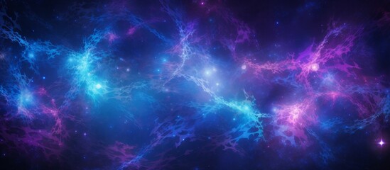A stunning cosmic scene featuring a mesmerizing combination of blue and purple hues in a nebula with twinkling stars scattered in the background - obrazy, fototapety, plakaty