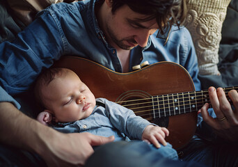 Father singing lullaby to baby using guitar