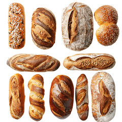 Collection of bread types isolated on white background, Types of baked bread
