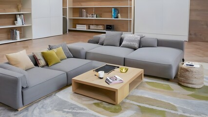 living room interior with gray sofa