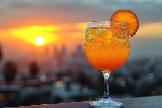Sunset Cocktail Moment on Balcony with Distant Cityscape