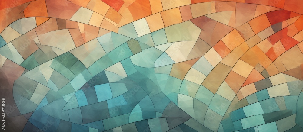 Poster colorful abstract painting depicting a vibrant wave against a backdrop of a red sky, creating a mesm